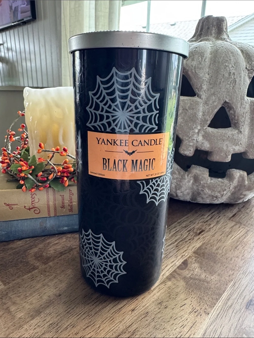 Yankee Candle Black Tumbler with Silver Spiderweb Accents and Orange Label